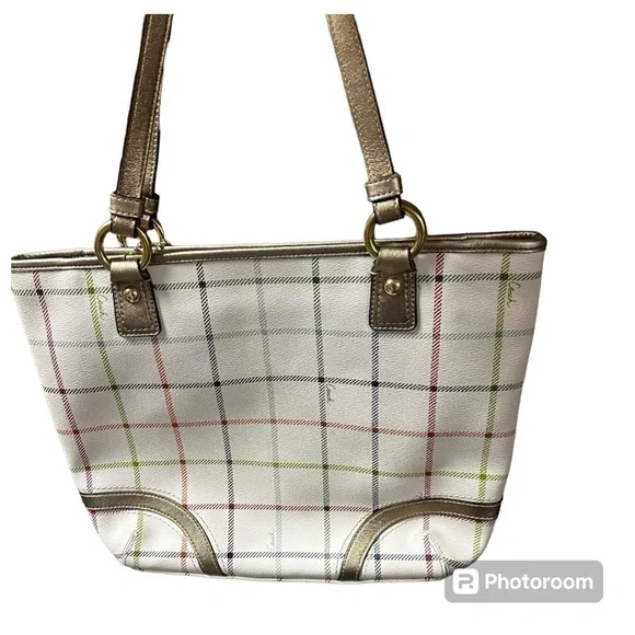 Coach Heritage Tattersall Signature Off WhiteShoulder Handbag